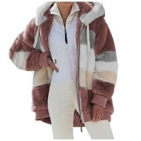 Zimske žene jakna modna plišana patchwork džep sa zatvaračem zimska kapuljača retro labav dugi rukav
