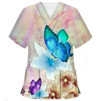 Košulje za žene Fit Bluzes kratki rukav leptir cvjetni ispisani V-izrez Dvostruki džepovi medicina višebojna