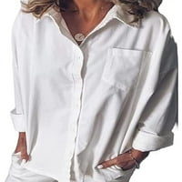 LICUPIEE ženski gumb s dugim rukavima dolje pamučna posteljina bluza za bluze Labavi povremeni V-izrez