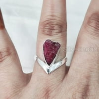Prirodni rubinski prsten, grubi rubin gusjenični prsten, srpanj rođenja, V Crown Band, sterling srebrna,