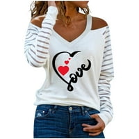 Ženski zaljubljeni vrhovi hladnog ramena seksi srca print v izrez dugih rukava majica Comfy Trendy bluza