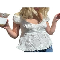 Sprifallbaby Ženska majica kratkih rukava s kratkim rukavima Čvrsta boja Provjerite niskokrilni naboljeni