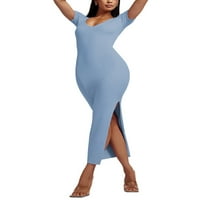 Avamo dame Bodycon Haljine Solid Color Midi haljina V izrez Pulover Žene Ležerne ljeto Plavo L
