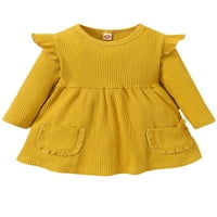 Elfinbe Baby Girl Toddler Yellow Pit Solid Color Ruffles Pockets Dugi rukav Ležerni haljina za pulover,