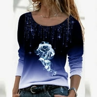 Xiuh ženska modna casual top majica s dugim rukavima labav okrugli vrat casual pulover bluza ruža otisnuta modna majica vrhunske žbuke i vrhovi casual plave l