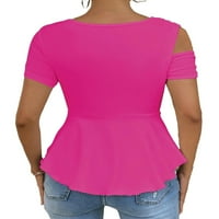 Ženski povremeni obični asimetrični vrat kratkih rukava vruće ružičaste majice m