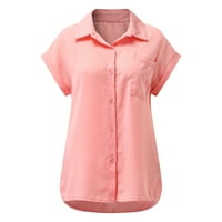 Žene plus veličine čvrsti gumbi zadrzavaju ovratnik kratkih rukava casual majica bluza top ružičasta