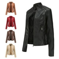 Yuehao kaputi za žene Nove dame Slim kožnog stand-up collar patent zatvarača čvrstog jakna u boji