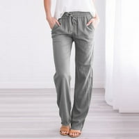 Čvrsta boja ravne posteljine hlače i duge žene casual povremene elastične pamučne hlače sa džepovima