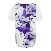 Cuoff Womens vrhova ženskog četverokrevetne planene čipke kratkih rukava majica Butterfly Print Top