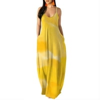 Ležerne haljine za žene bez rukava od tiskane bez rukava dugačak maxi V-izrez haljina žuti s