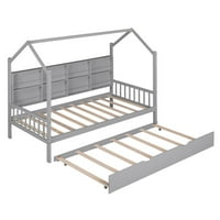 Krevet za platformu za dvostruke veličine sa dvostrukom veličinom sa spoljom, drvena kuća Oblik dječjeg kreveta sa policom za knjige, sivom bojom