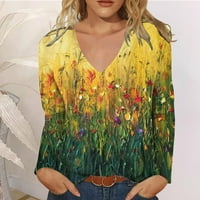 Ženske osnovne majice cvjetni print dugih rukava Ležerne prilike V Vrat Bluze na vrhu Chic izlaze pulover