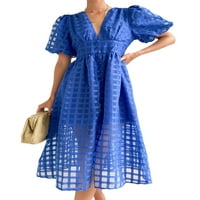 Grianlook Women Midi haljina V izrez Swing Haljines Puff-rukave dame kaftan prozračan kratki rukav plavi l