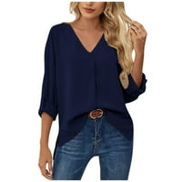 Ženski bluze spuštaju čvrste dugi rukav plus veličine ženskih plus košulje V-izrez ljetni vrhovi plave