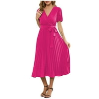 Ženske haljine čišćenje patchwork V-izrez A-line maxi labav kratki rukav ljetni haljina vruća ružičasta