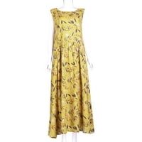 qazqa plus veličina Ženska boemska O-izrez cvjetni print Vintage bez rukava duga haljina žuta l
