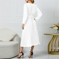 Haljine za žene V-izrez Maxi Ležerne haljine od sunca Čvrsta ljetna haljina s dugim rukavima bijela