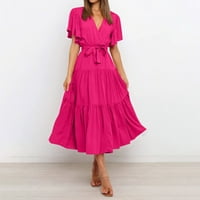 Ženske haljine kratki rukav A-line maxi casual solid V-izrez ljetna haljina vruća ružičasta m