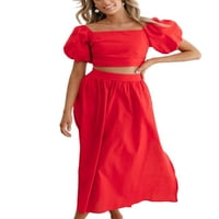 SOLiemy ženske suknje set čvrsta boja, odijelo za kvadratne izreze, rufffe večernje podvala crveno m