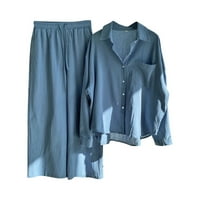Ženske dame retro plus veličine pamučna i posteljina košulja odijelo visoki struk odijelo vrhunske hlače dugih rukava