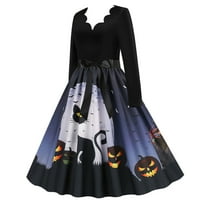 Halloween 1950S haljina za žene dugih rukava Vintage Retro tiskane haljine V izrez domaćica večernja
