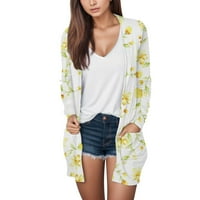SOSIGEXZC Ljetni kardigani za žene lagani dugi rukav cvjetni print mekani draperi Otvoreni prednji lagani kaput casual labav gornji žuti XL džemper sa džepovima