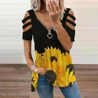 Ženski bluze Ljeto Ženska casual vrpca V-izrez patent zatvarača Ispiši majicu s kratkim rukavima Yellow