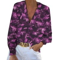 Ženske bluze i vrhovi Dressy Vintage Laef Print majice Duboko V izrez Bluze s dugim rukavima Ležerne prilike labave stabilnosti tuničke košulje na ženskoj dukserir
