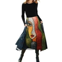 Ženska modna boja blok tiskana okrugla vrata dugih rukava Midi haljina XXL