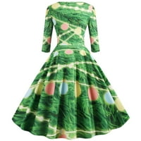 CETHRIO MIDI haljina - modni temperamentni posadni vrat dugih rukava Božićni tiskani linijski ljuljački haljina zelena