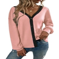 Žene V izrez TEE Labavi posao Pulover Patchwork WAFLLE Knit Loungeward Tunic Bluza Tops Light Pink XL