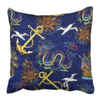 Plava marina s morskim zmajem sidrišta i kompas Fantasy beskrajne ilustracije sa vintage jastukom