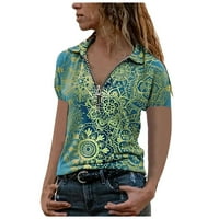 LeylayRay Wemens Tops Ljeto Ženo Labavi majica V-izrez tiskani patentni zatvarač Green l