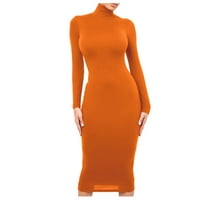 Ženska moda Tanak vitki vrat dugačak haljina s dugim rukavima čista haljina u boji ženska haljina narančasta