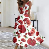 Tking modni ljetni casual cvjetni ispis za žene Boho labavo bez rukava V-izrez Maxi haljine vruće ružičaste