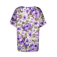Ženski modni vrhovi Cvjetni V-izrez kratki rukav sa džepnim bluzom Purple 2xL