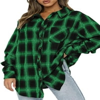 Glookwis Ladies Lapel bluza za bluze Labava tunika Ležerna dečka vrhova PLAID GUMBA DO SHIrts Green