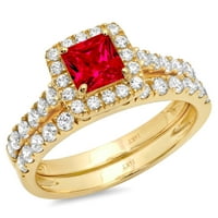 2. CT Princess Crveni simulirani ruby ​​gem pravi 18k žuto zlato prilagodljivo laserski graviranje halo vječno jedinstvena art deco izjava o oblogu vjenčanja Angažman bridalni prsten set veličine 4,75