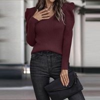 Ženska jesenska i zimska modna modna V-izrez Solidna boja dugih rukava tanka džemper, vino