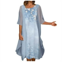Ženski povremeni modni print okrugli vrat srednje dugačke duljine dvije set haljine plave boje