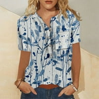 Ženska labava Vruća za izrez TUNIC Bluza kratki rukav Print Fit Henley Casual majica plave s