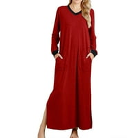 Homenesgenics ženske haljine plus veličina Jesen ženski džep s dugim rukavima V-izrez Bočni prorez za spavanje duge haljine