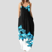 Ljetne haljine za žene casual bez rukava dugačak maxi v izrez labavi ispis Boho Beach Džepna haljina