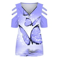 Plain predimenzionirane majice za žene V izrez Zip sa ramena leptir Print kratkih rukava Ljetni vrhovi