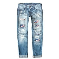 Dan nezavisnosti Žene Jeans Ispis Ripped Slim patentnih patentnih pantalona sa džepovima Blue_ XXL