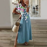 Ženska maxi labav haljina popust cvjetna tiskana ljetna plaža Split Holiday Boho kratki rukav za retro