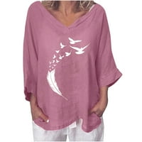 Mrat ženski tiskani majica V-izrez Tri četvrtine rukava plus veličine tunička majica grafički znoj za ženske bluze labave plimu za bluzu ružičaste boje