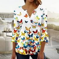 Sksloeg ljetni vrhovi plus veličine Henley majica V izrez Butterfly Print Bluzes Tuntic Tops, Ginger