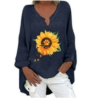 Vintage pamučna lana bluza za žene Sunflower grafički tee valjani dugi rukav V izrez vrećica za vrat